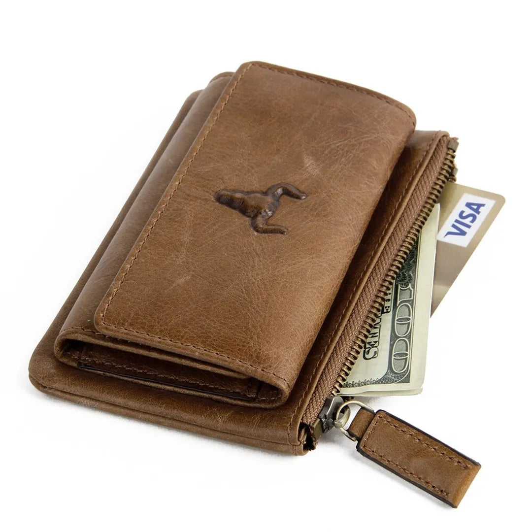 Angled side view of MING CLAN brown leather key organizer wallet, showing its slim profile and vintage texture.