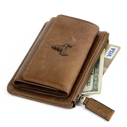 Angled side view of MING CLAN brown leather key organizer wallet, showing its slim profile and vintage texture.