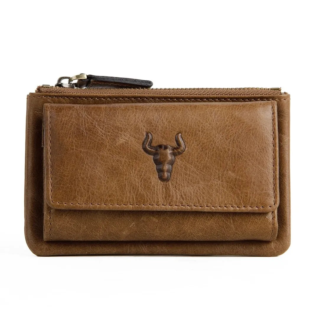 MING CLAN brown premium top-grain leather trifold key holder wallet, front view with snap closure and embossed logo.