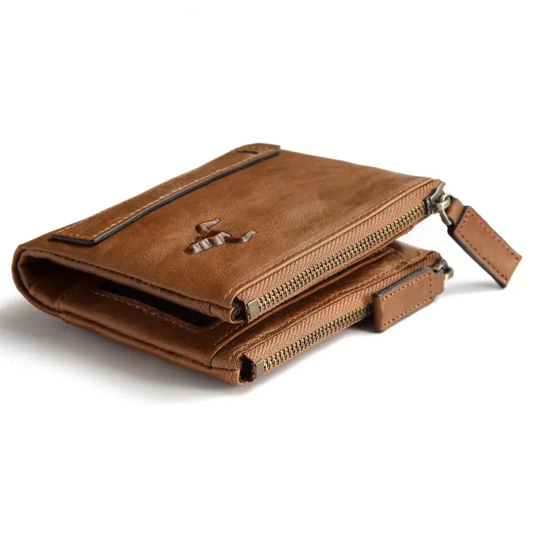 MING CLAN men's brown premium leather wallet, angled view displaying embossed bull logo and smooth top zipper.