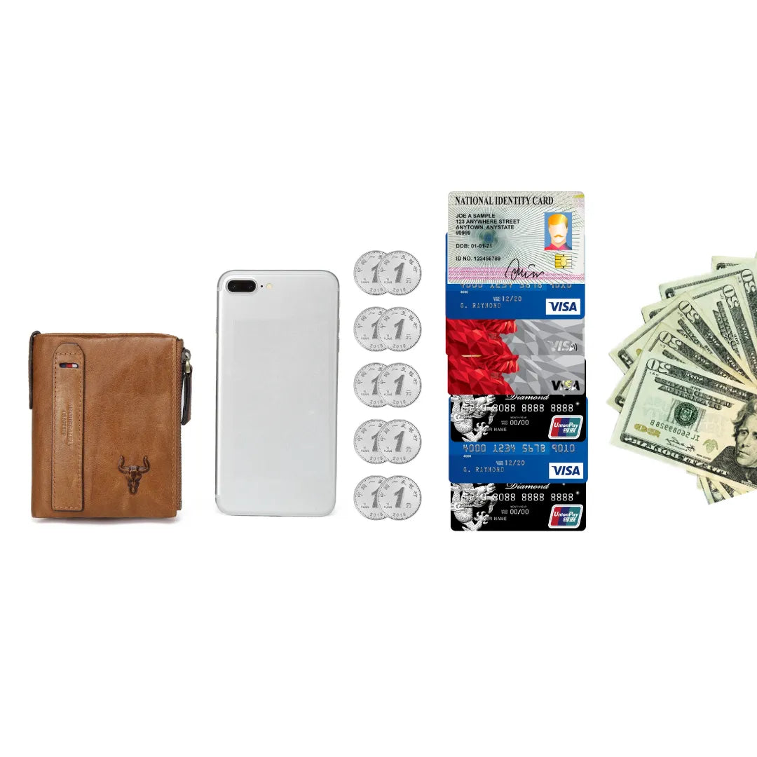 MING CLAN men's brown leather wallet capacity display, showing size comparison with smartphone, cash, cards, and coins.