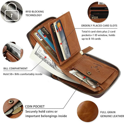 MING CLAN brown leather zipper wallet size infographic, showing measurements 4.5"x3.75"x0.8", comparison to an iPhone, and internal capacity details for bills, 6 cards, and a coin pocket.