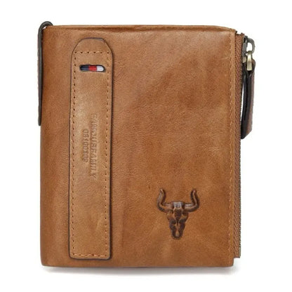 MING CLAN men's brown genuine leather wallet, front view featuring vertical strap detail and embossed logo.