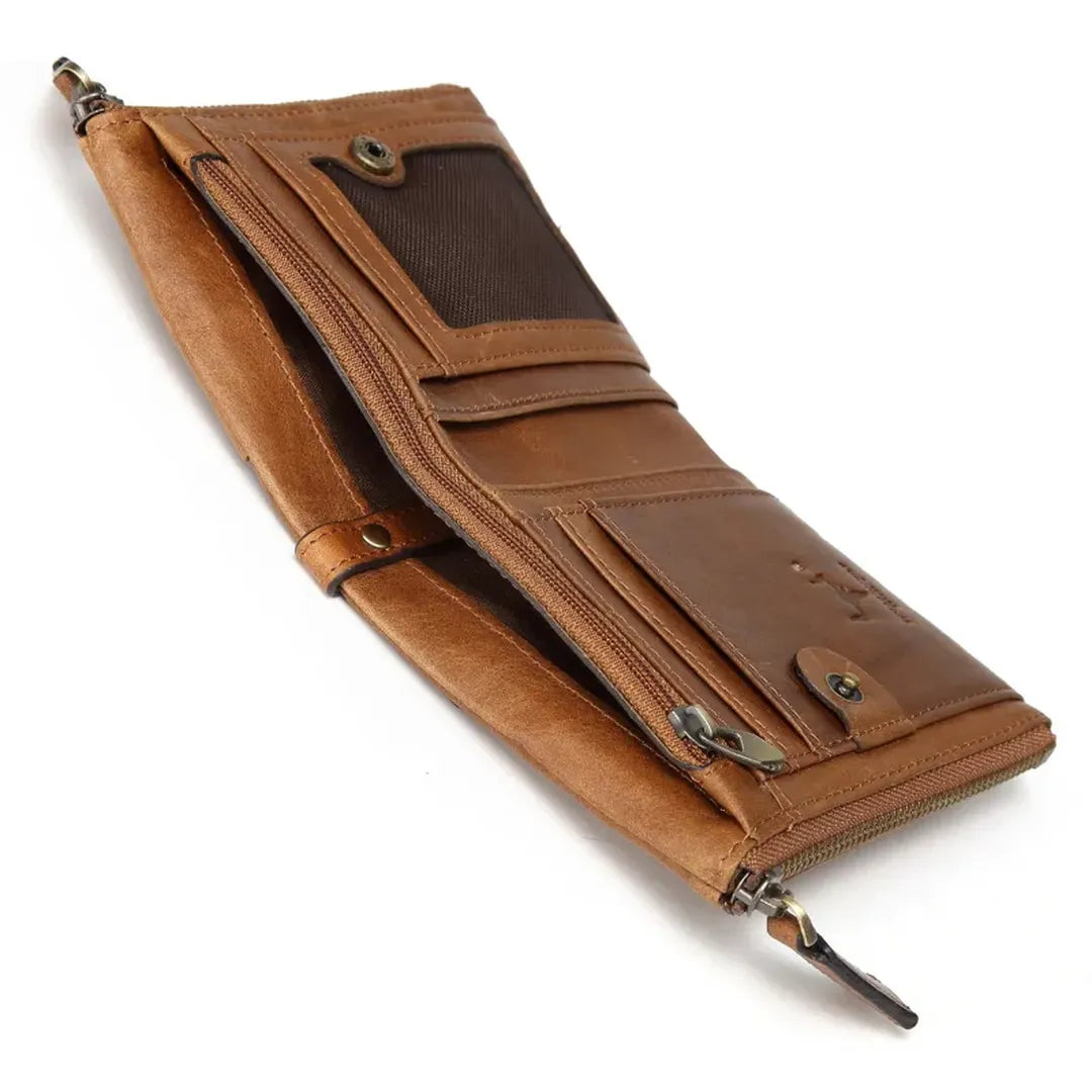 MING CLAN men's brown leather wallet, angled interior view highlighting transparent ID window and neat stitching.