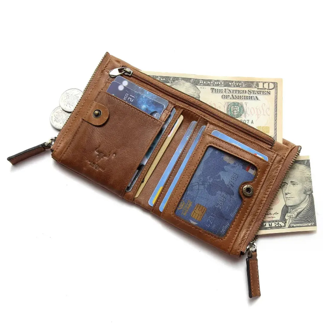 MING CLAN men's brown vintage leather wallet, open interior showing multiple card slots, ID window, and cash compartment.