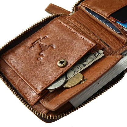 Close-up of the internal snap closure coin pocket inside the MING CLAN brown vintage leather zipper wallet.