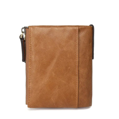 MING CLAN men's brown genuine leather wallet, back view showing durable edge zipper for coin pocket.