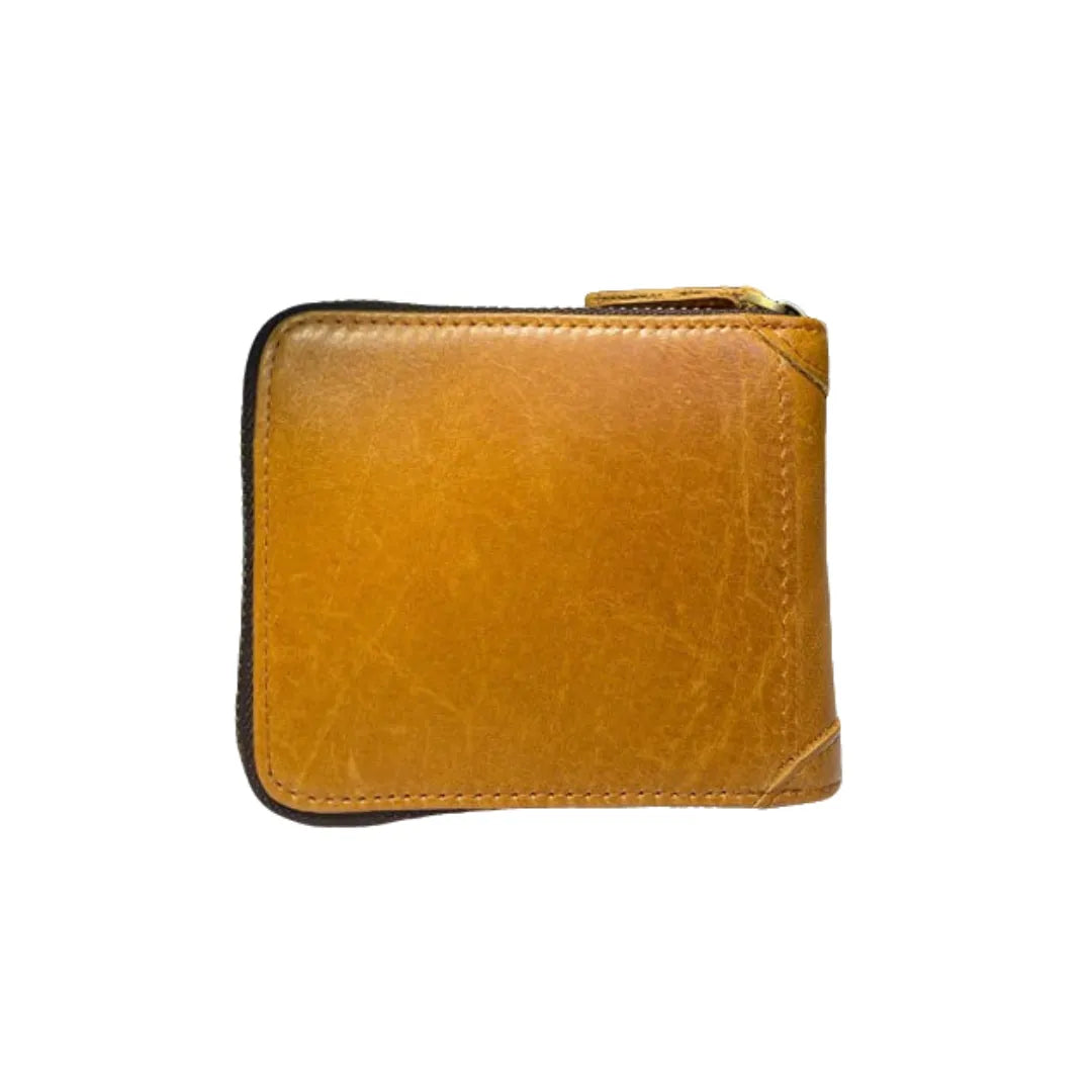 MING CLAN brown vintage genuine leather zip around bifold wallet, back view featuring heavy-duty brass zipper.