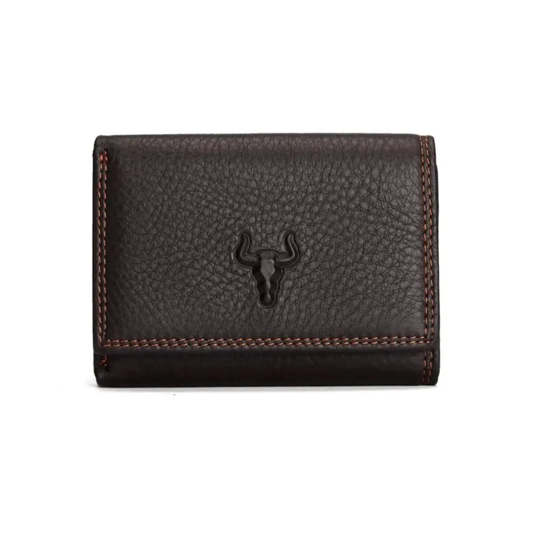 MING CLAN men's coffee leather trifold wallet, front view featuring secure snap closure and rugged texture.