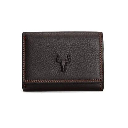 MING CLAN men's coffee leather trifold wallet, front view featuring secure snap closure and rugged texture.