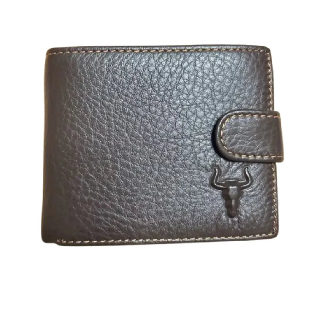 MING CLAN men's coffee premium leather wallet, front view highlighting durable stitching and secure strap closure.
