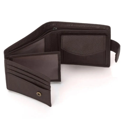 MING CLAN men's coffee genuine leather wallet, open interior view showing snap coin pocket and card slots