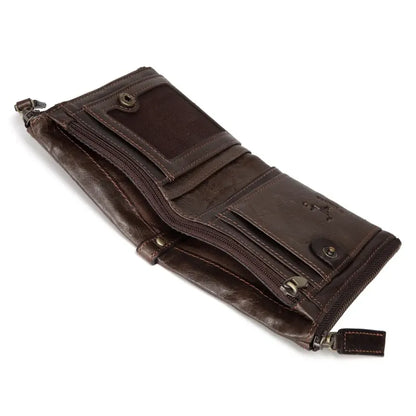 MING CLAN men's coffee leather wallet, open interior view highlighting multiple empty card slots and transparent ID window.