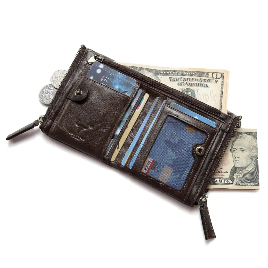 MING CLAN men's coffee leather wallet, open interior showing maximum capacity with cash, cards, and coins.
