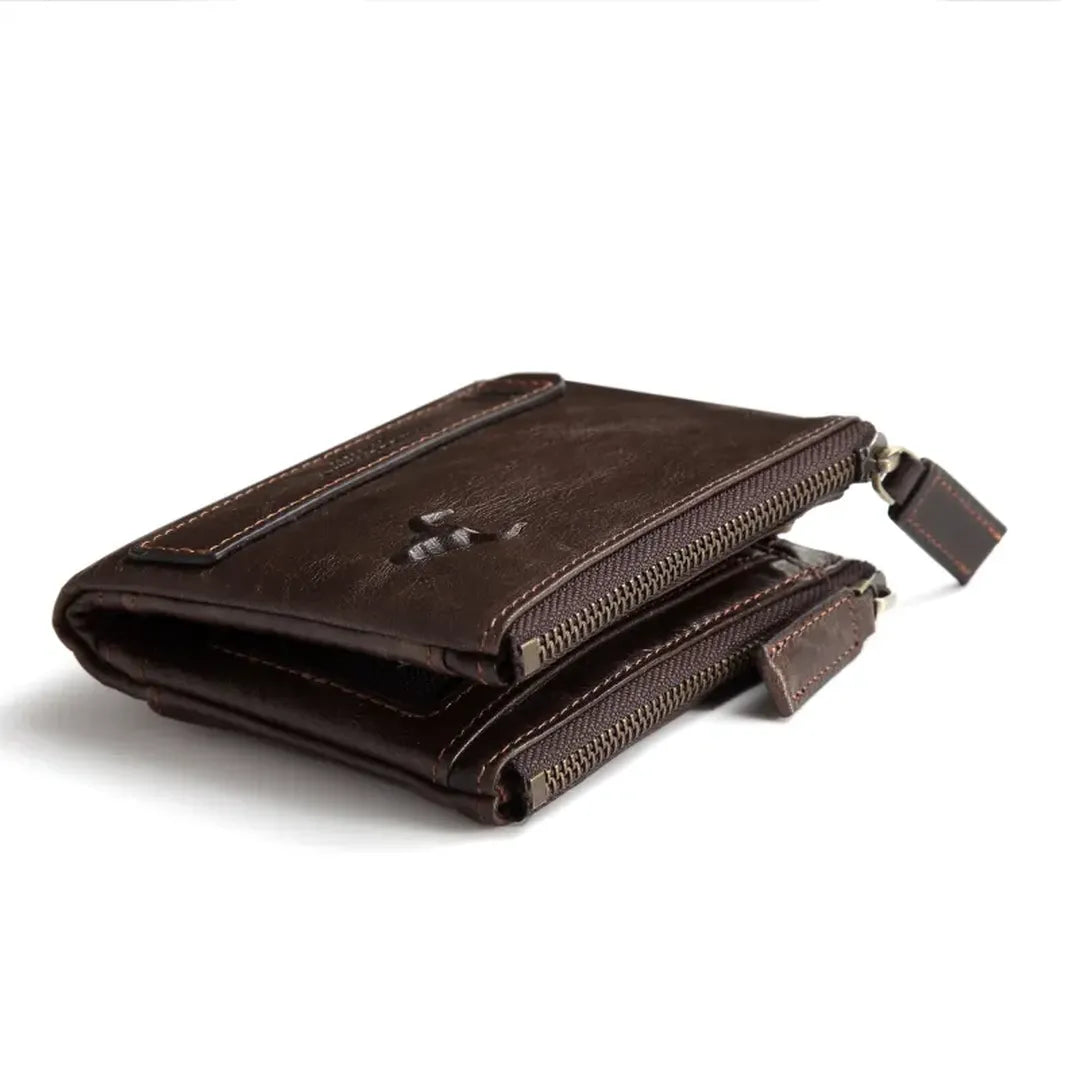 MING CLAN men's coffee genuine leather wallet, angled view displaying robust metal zippers and rich leather texture.