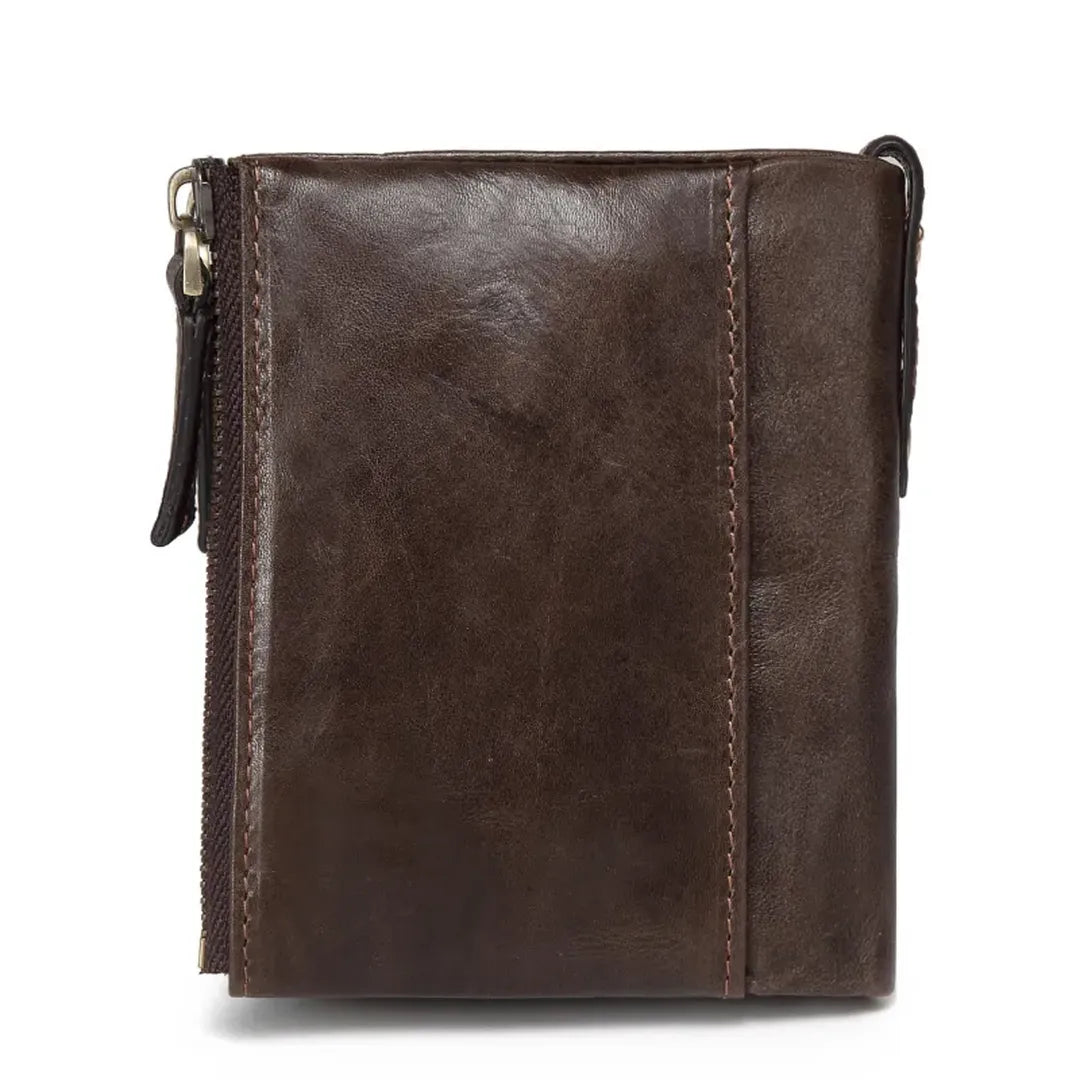 MING CLAN men's coffee vintage leather wallet, back view showing durable edge zipper for coin pocket.