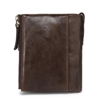 MING CLAN men's coffee vintage leather wallet, back view showing durable edge zipper for coin pocket.