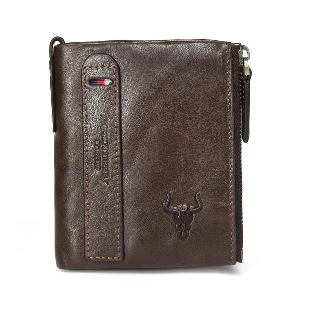MING CLAN men's coffee genuine leather wallet, front view featuring vertical strap detail and embossed logo.