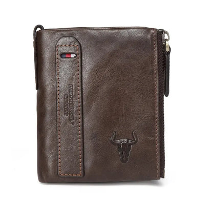 MING CLAN men's coffee genuine leather wallet, front view featuring vertical strap detail and embossed logo.