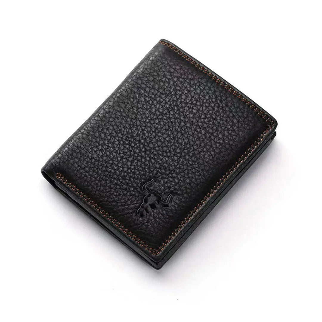 MING CLAN black high-capacity leather bifold wallet angled view, displaying the premium oil-tanned pebble texture.