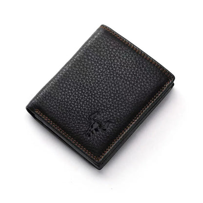 MING CLAN black high-capacity leather bifold wallet angled view, displaying the premium oil-tanned pebble texture.