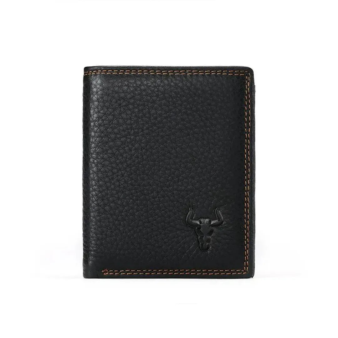 MING CLAN black vintage pebble leather wallet - Front view showcasing the reinforced bottom-left stitching and classic design.