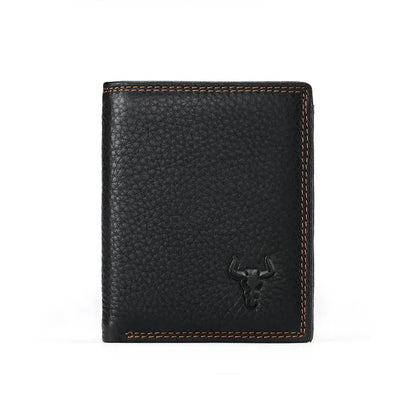 MING CLAN black vintage pebble leather wallet - Front view showcasing the reinforced bottom-left stitching and classic design.
