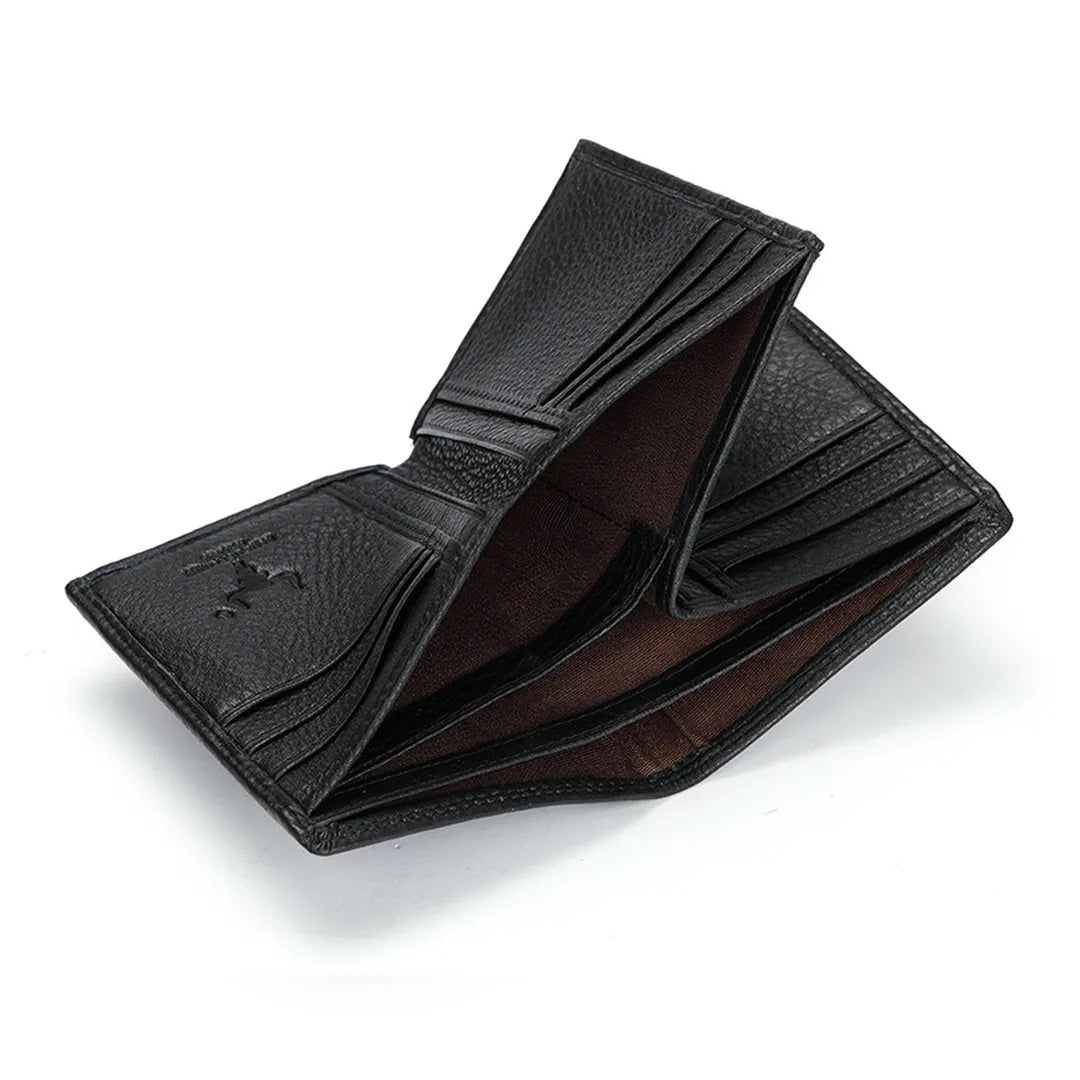 MING CLAN black leather RFID blocking wallet slightly open, revealing multiple empty card slots and bill compartments.