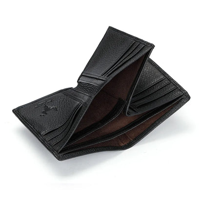 MING CLAN black leather RFID blocking wallet slightly open, revealing multiple empty card slots and bill compartments.