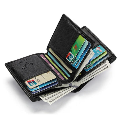 MING CLAN black large-capacity leather bifold wallet fully open, packed with credit cards and US dollar bills in its 13 slots.