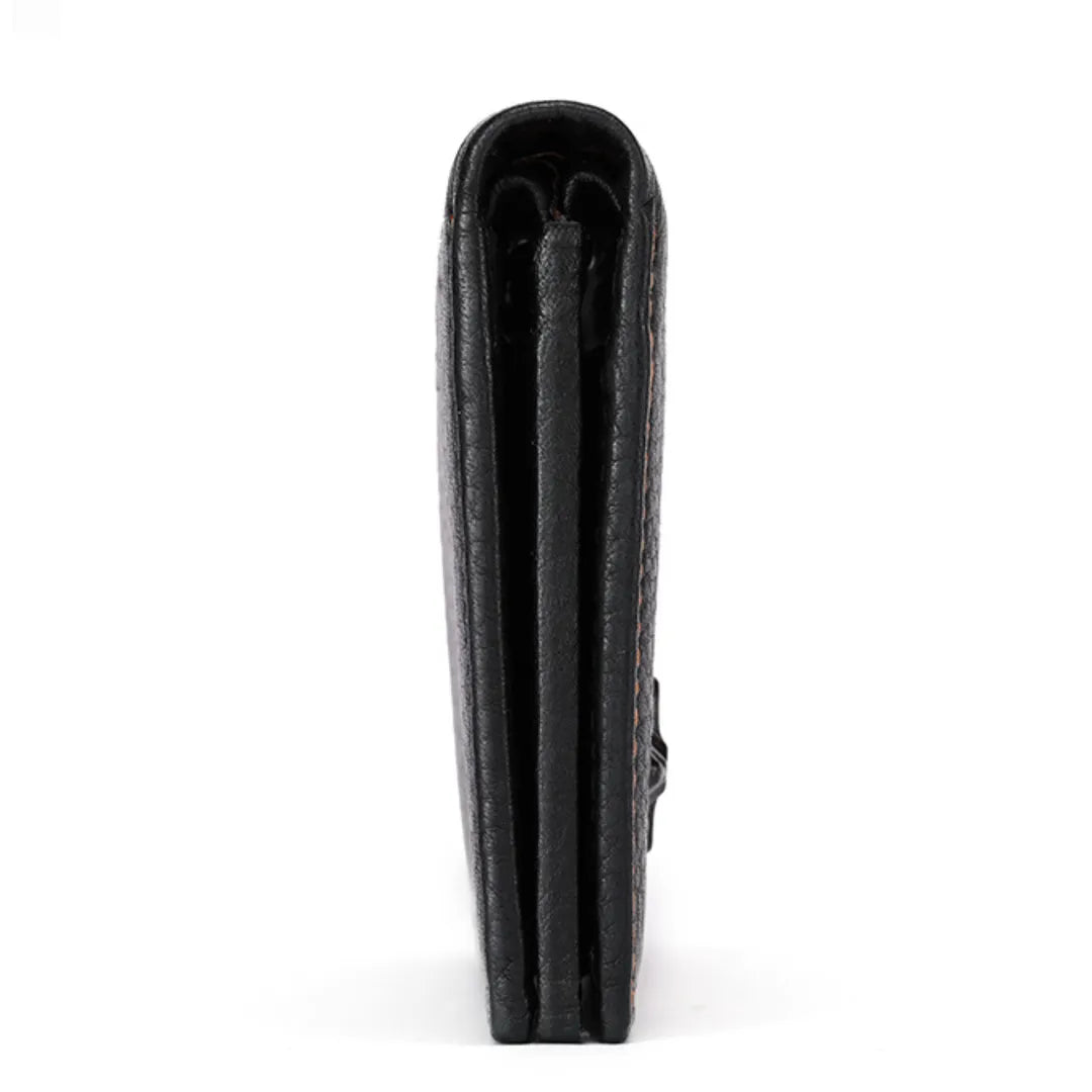MING CLAN black men's leather bifold wallet - Side profile view showing its empty thickness and neat edge finish.