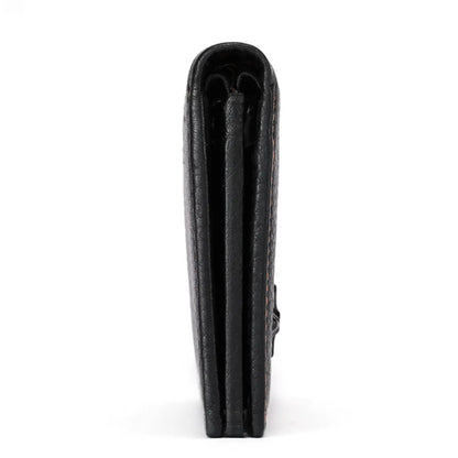 MING CLAN black men's leather bifold wallet - Side profile view showing its empty thickness and neat edge finish.