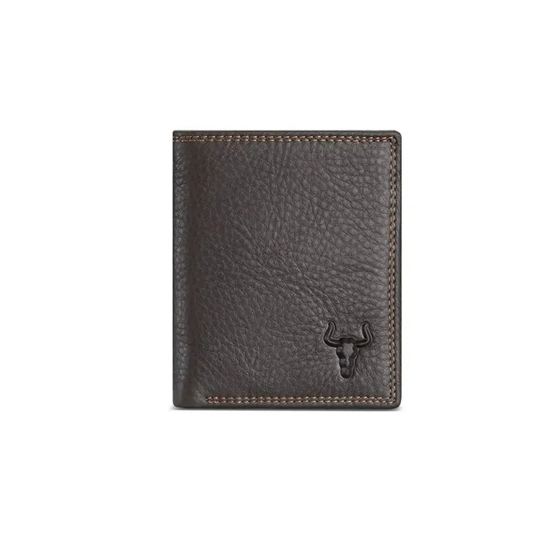 MING CLAN dark coffee genuine leather men's bifold wallet - Front closed view highlighting the rugged embossed bull logo.
