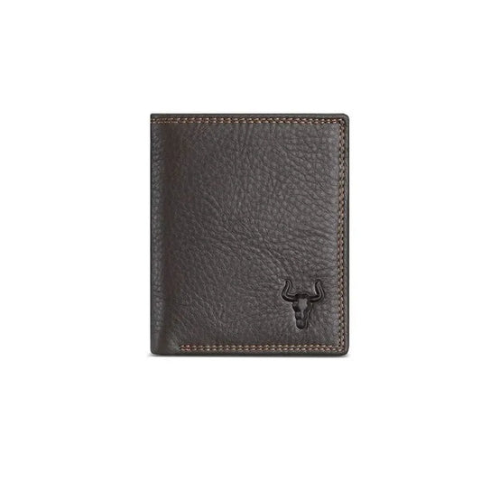 MING CLAN dark coffee genuine leather men's bifold wallet - Front closed view highlighting the rugged embossed bull logo.