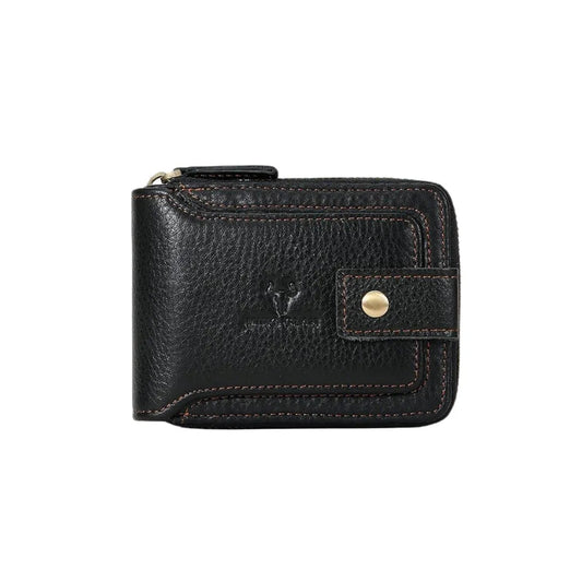 MING CLAN Men's Full Grain Leather Wallet - Front main view closed in Black color