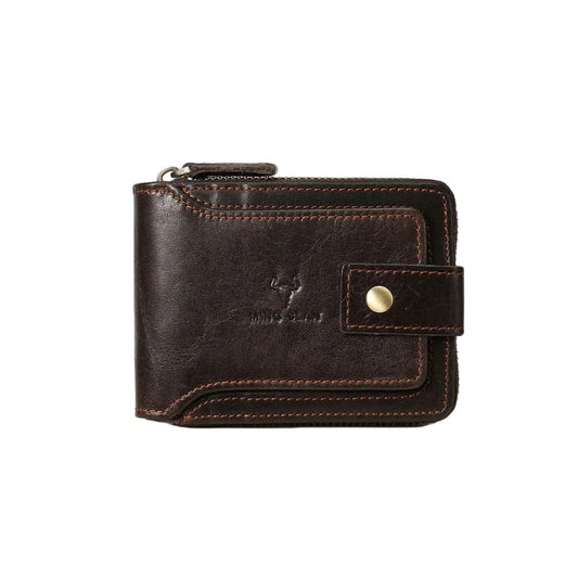 MING CLAN Men's Full Grain Leather Wallet - Front main view closed in Coffee color.