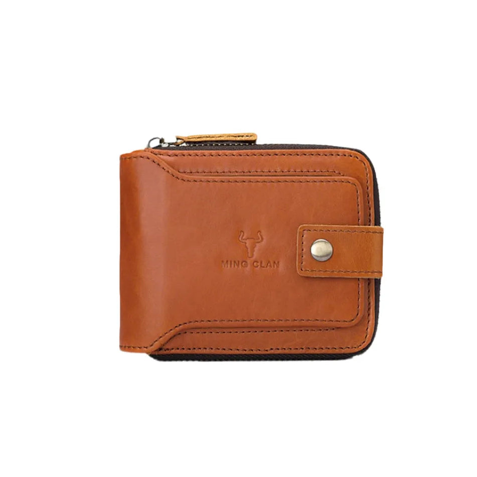 MING CLAN Men's Full Grain Leather Wallet - Front main view closed in Orange color