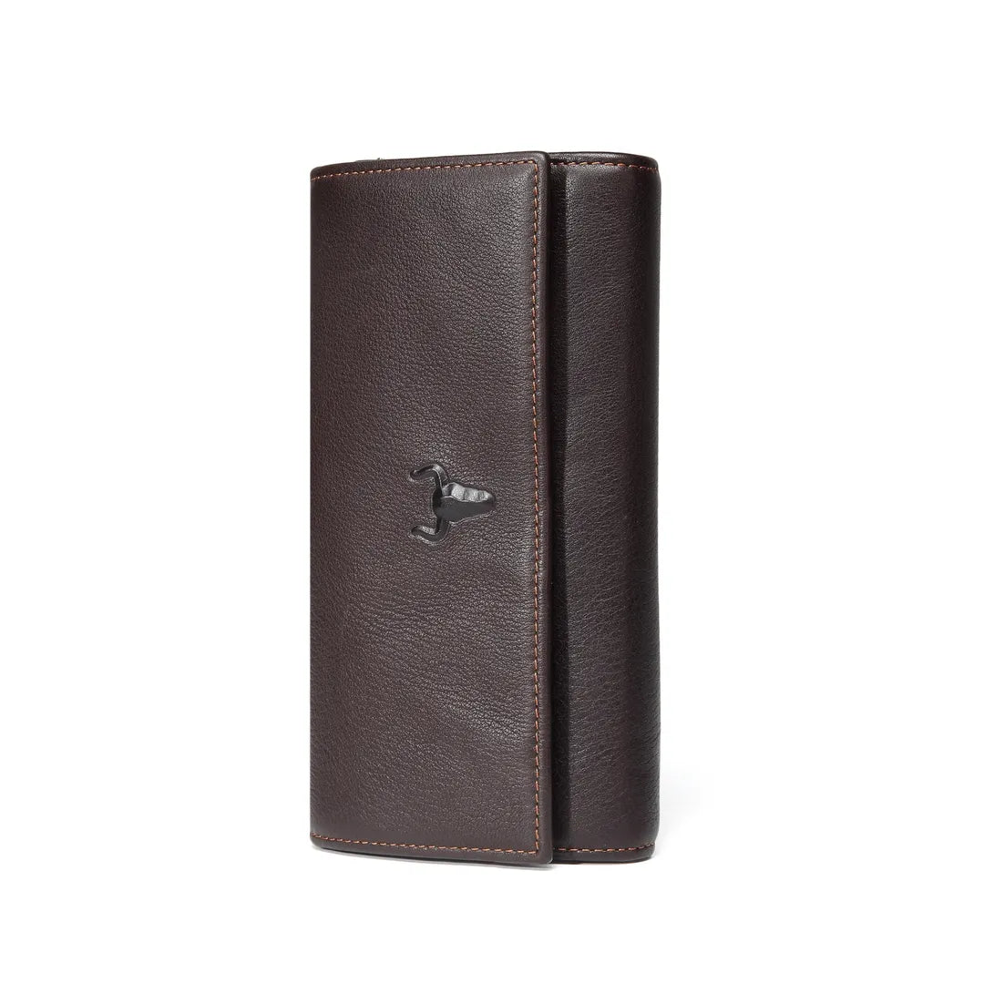 MING CLAN Men's Long Trifold Wallet - Front closed view in brown tumbled leather