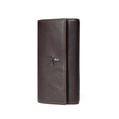 MING CLAN Men's Long Trifold Wallet - Front closed view in brown tumbled leather
