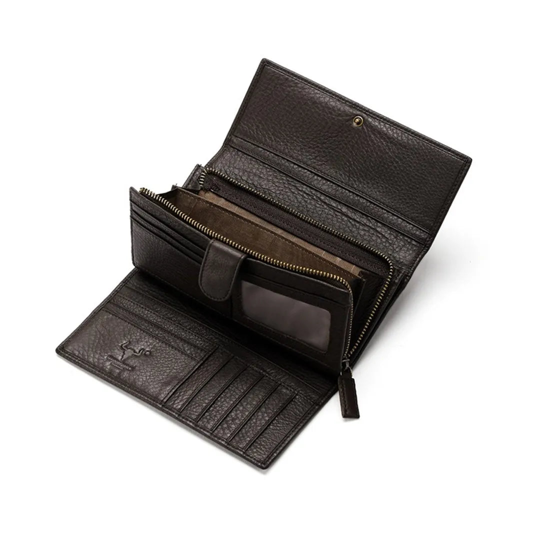 Detailed interior of MING CLAN Men's Long Trifold Wallet highlighting multiple card slots and inner zipper pockets