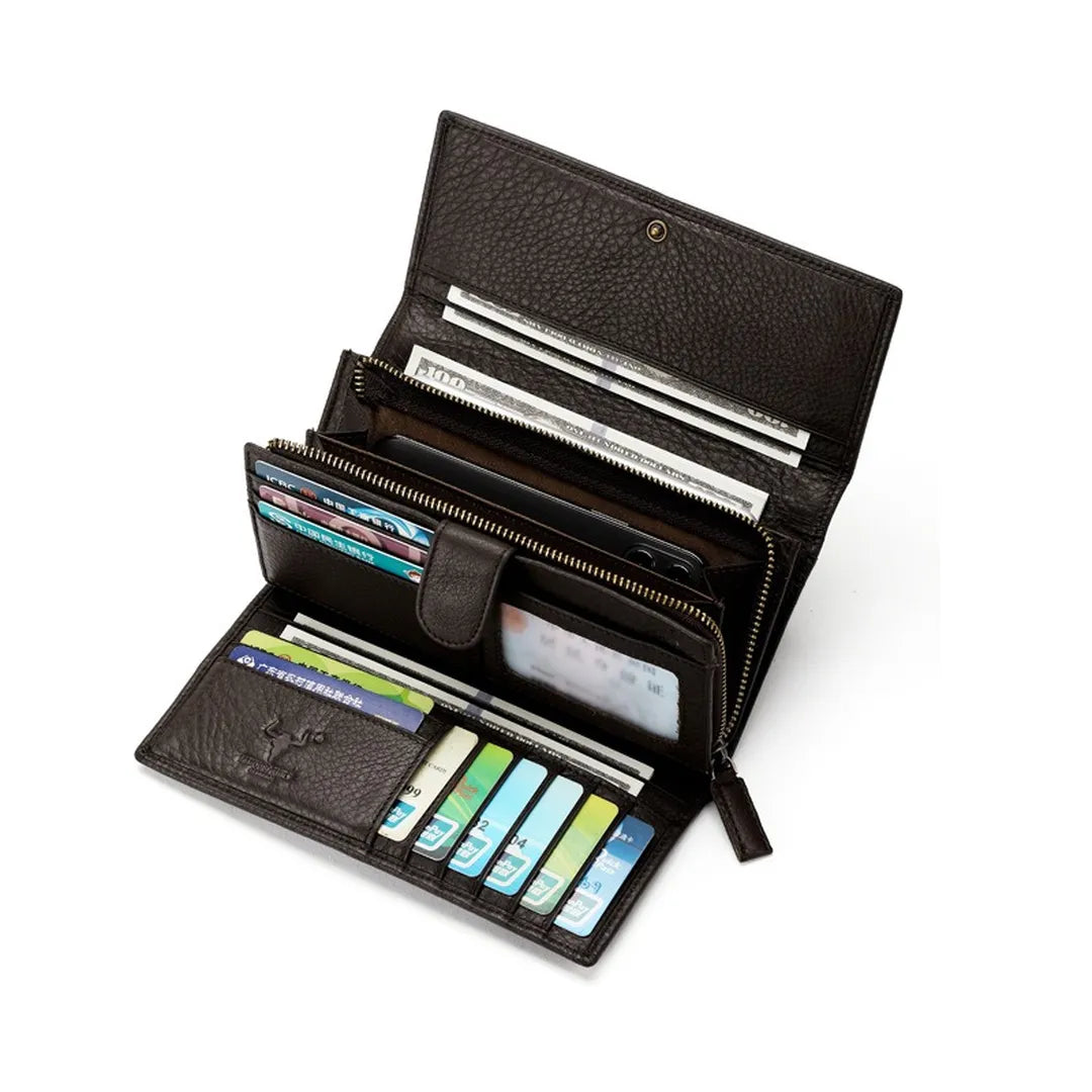 Open MING CLAN Men's Long Trifold Wallet showing large capacity holding a smartphone, cash, and cards