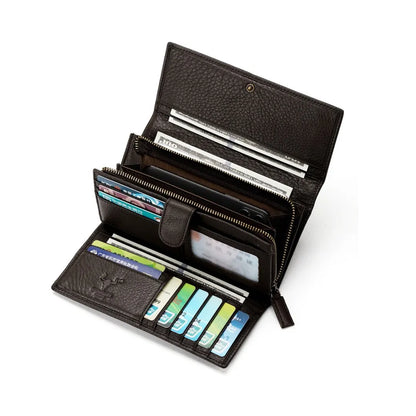 Open MING CLAN Men's Long Trifold Wallet showing large capacity holding a smartphone, cash, and cards
