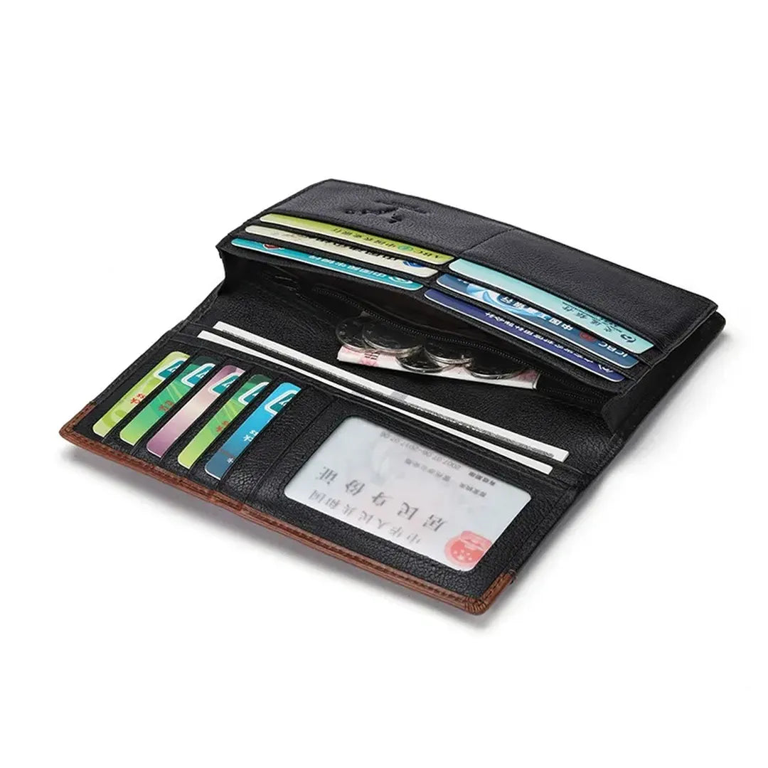 Open MING CLAN Men's Long Bifold Wallet showing unfolded cash compartments, ID window, and card slots