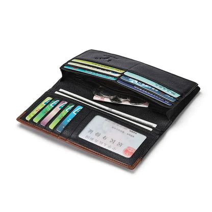 Open MING CLAN Men's Long Bifold Wallet showing unfolded cash compartments, ID window, and card slots