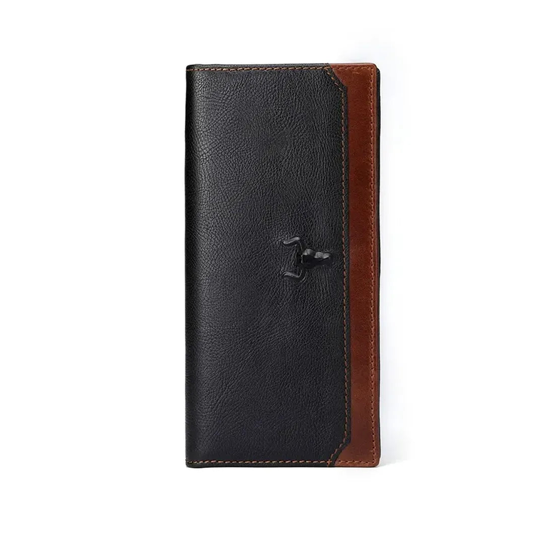 MING CLAN Men's Top Grain Leather Long Bifold Wallet - Front closed view in two-tone black and brown