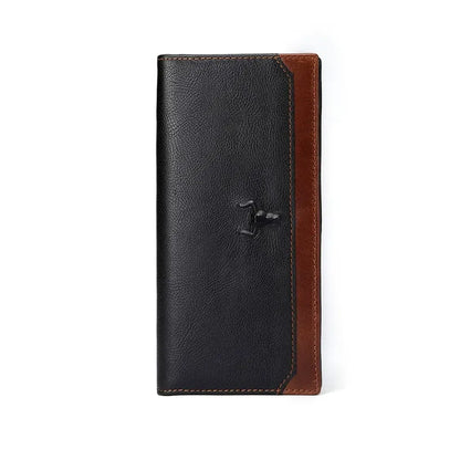 MING CLAN Men's Top Grain Leather Long Bifold Wallet - Front closed view in two-tone black and brown