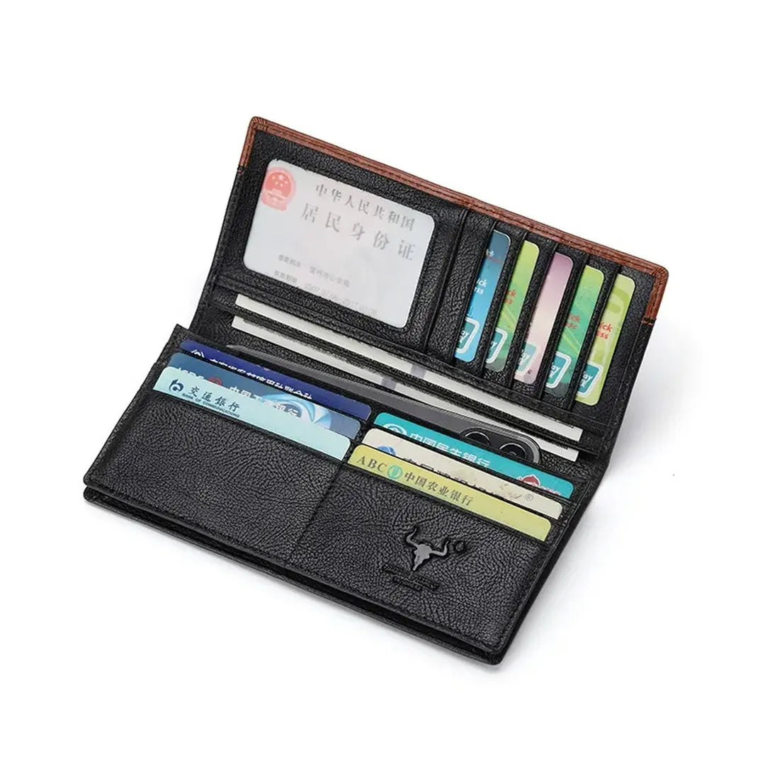 Interior layout of MING CLAN Men's Long Bifold Leather Wallet highlighting slim profile and multiple slots