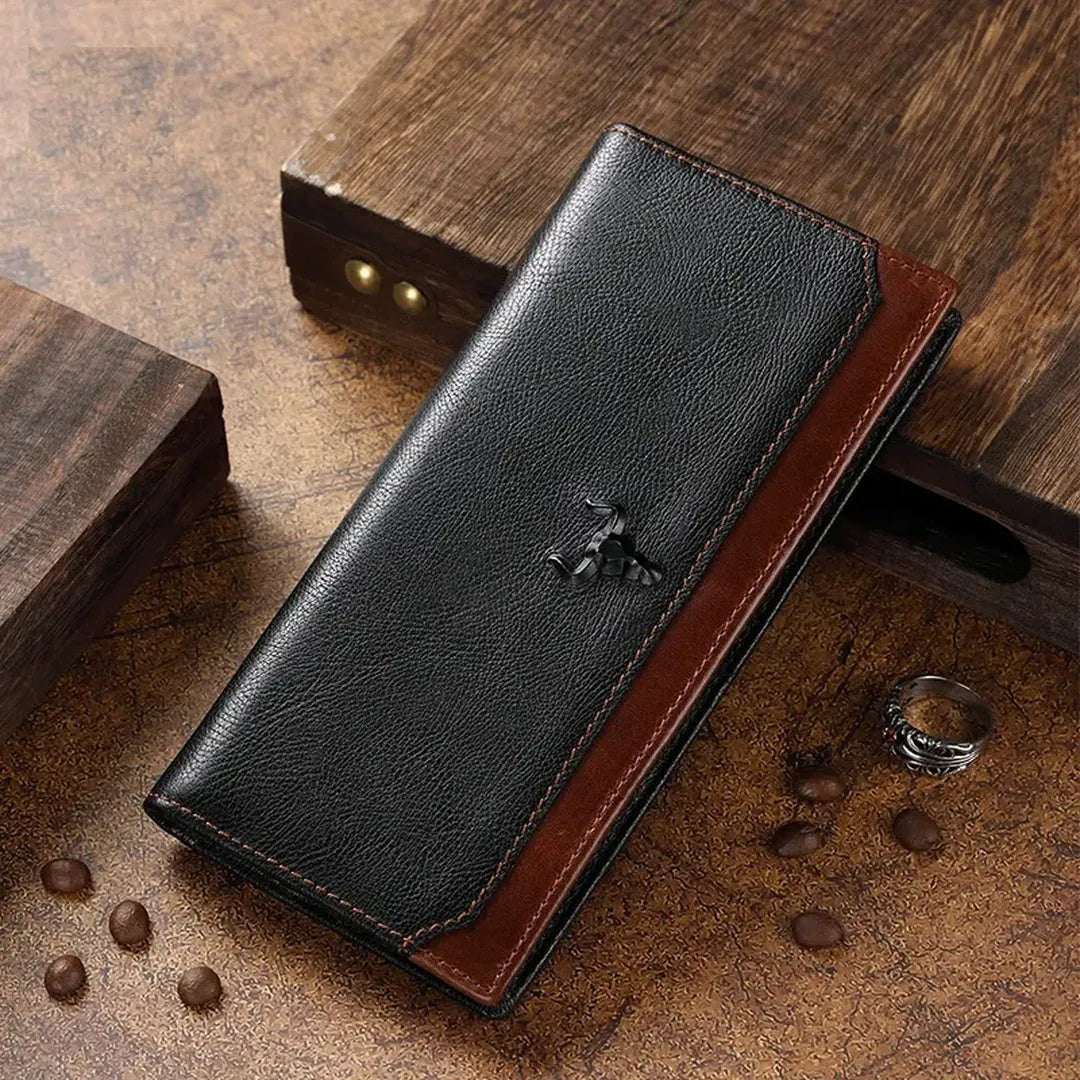 MING CLAN Men's Two-Tone Leather Long Bifold Wallet displayed on a rustic wooden surface