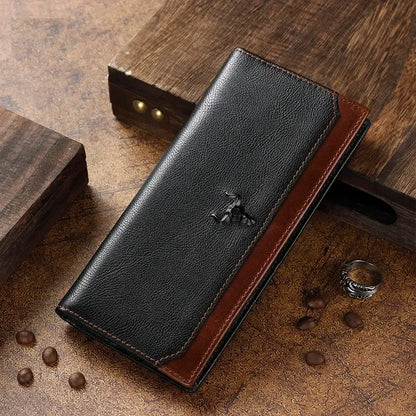 MING CLAN Men's Two-Tone Leather Long Bifold Wallet displayed on a rustic wooden surface