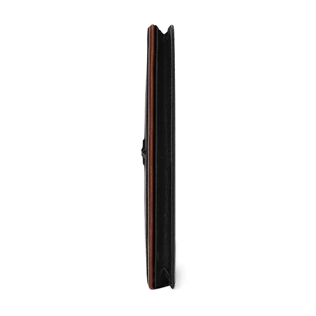Side profile of MING CLAN Men's Long Bifold Wallet showing ultra-thin 1cm breast pocket design